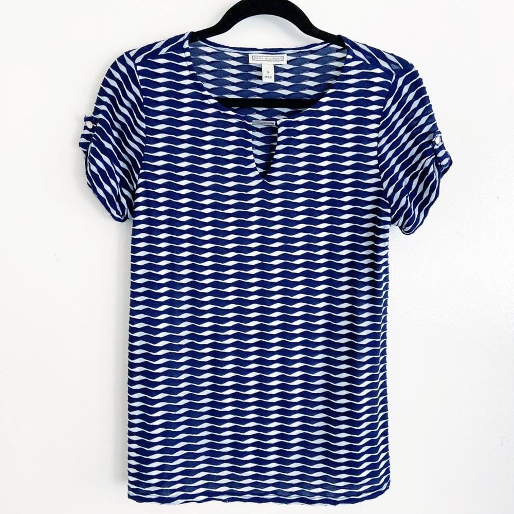 Dana Buchman Blouse Navy Blue White Design S
